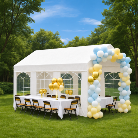 Cort, pavilion, crem deschis, 3x6 m, 6 ferestre + 2 intrari, cadru otel galvanizat, material PE 240 g/m2, rezistent la UV, apa