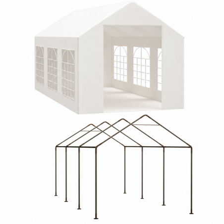 Cort, pavilion, crem deschis, 3x6 m, 6 ferestre + 2 intrari, cadru otel galvanizat, material PE 240 g/m2, rezistent la UV, apa