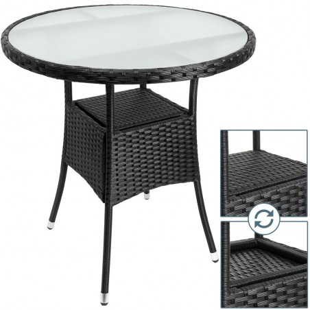 Masa rotunda de cafea pentru gradina, Polirattan, Ø 80cm, Blat Sticla, Neagra, Ego