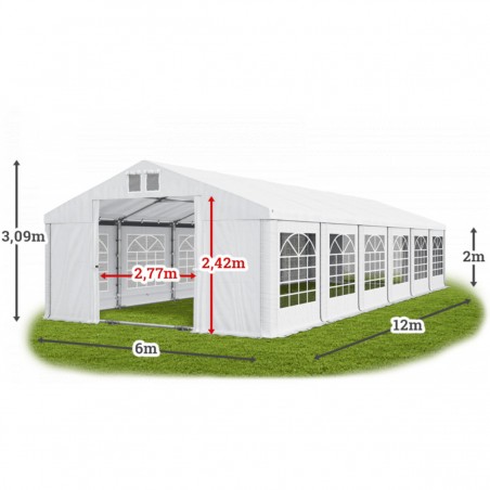 Cort profesional, Alb, 6x12 m, 12 ferestre + 2 intrari, cadru ranforsat din otel galvanizat, material PVC 560g/m2, impermeabil