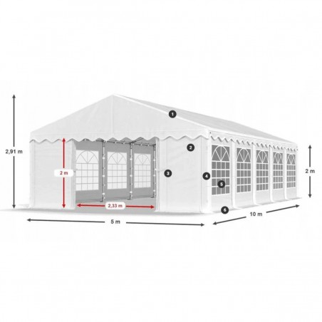 Cort, pavilion, 5x10 m, Alb, 10 ferestre + 2 intrari, cadru din otel, material PE 240g/m2, rezistent la UV si apa