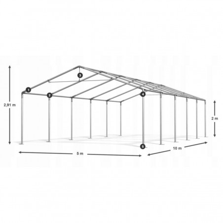Cort, pavilion, 5x10 m, Alb, 10 ferestre + 2 intrari, cadru din otel galvanizat, material PE 240g/m2, rezistent la UV si apa