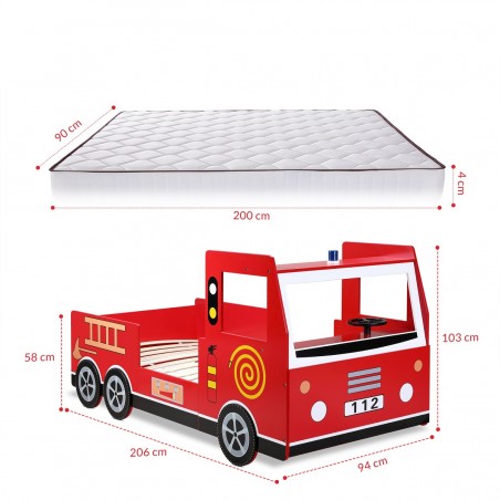 Pat copii cu cadru saltea inclus, Masina de pompieri, MDF, Rosu, 200x90 cm, Ego